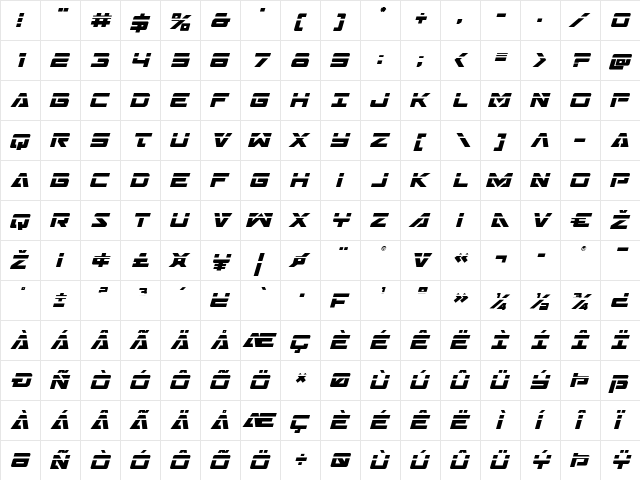Trans-America Laser Italic Italic  glyph index