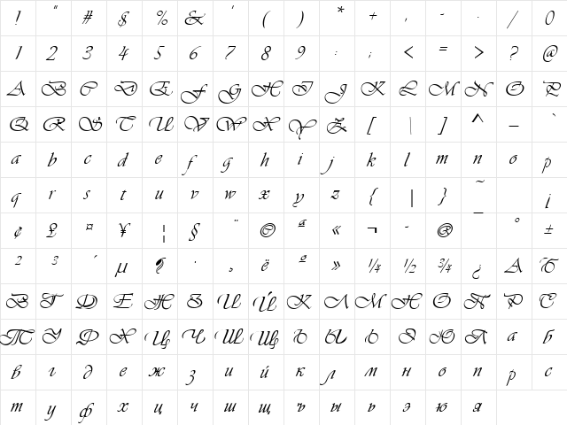 VivaldiD Regular  glyph index