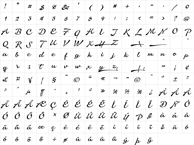 Aromia Script Thin Regular  glyph index