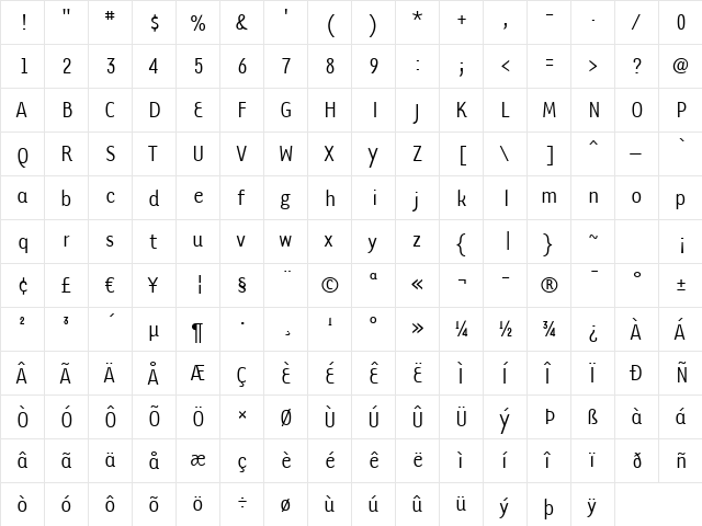 TarzanaNarrow Regular  glyph index