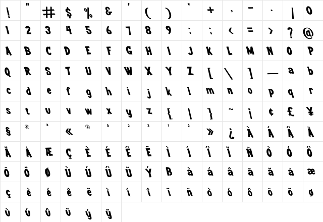 Youth wright Oblique Regular  glyph index