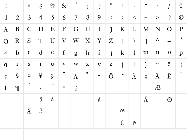 CaslonLightSSK Regular  glyph index