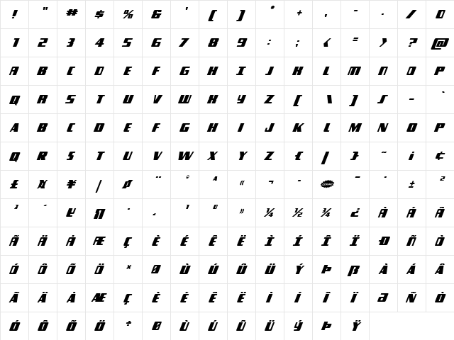 Typhoon Italic Italic  glyph index