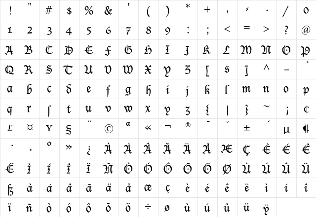 LucidaBlackletterEF Regular  glyph index