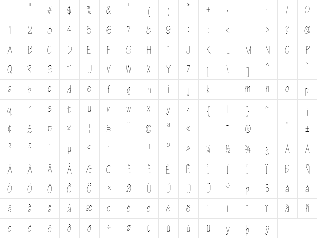 WriteCondensed Regular  glyph index
