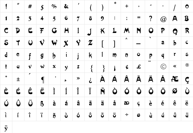 Artistik CG Regular  glyph index