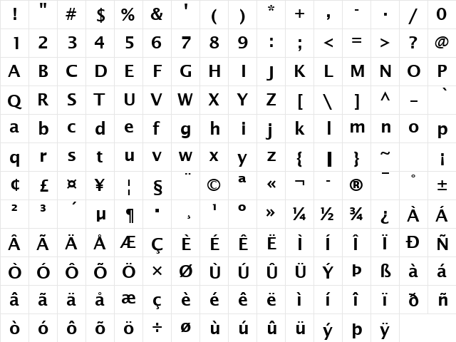 Lucida Becker Sans Demi Regular  glyph index