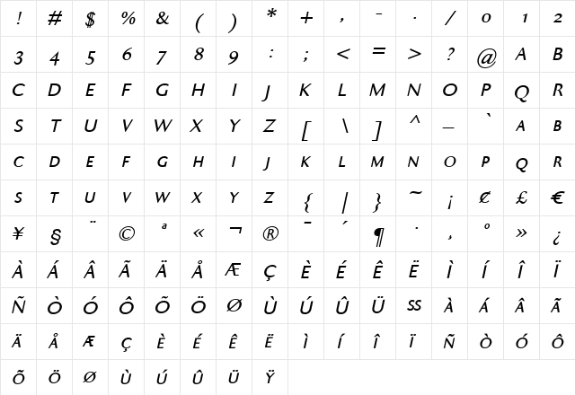 Ela Sans SemiBold Caps Italic  glyph index