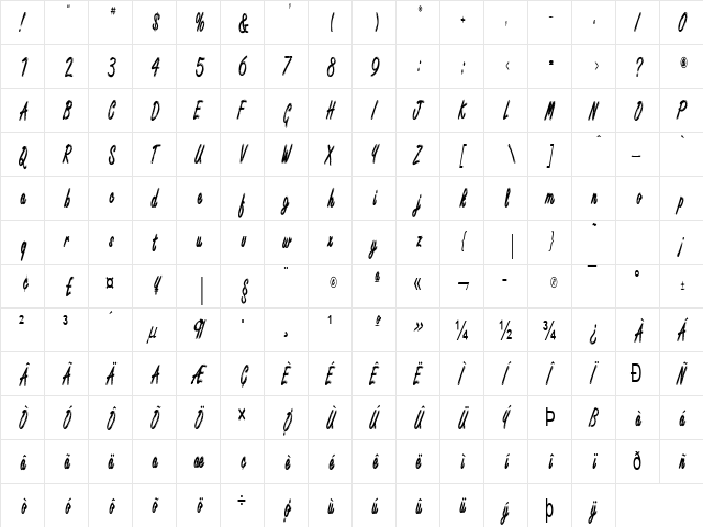 Encino Xtra Condensed Normal  glyph index