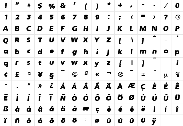 Quebec-Serial-Black RegularItalic  glyph index