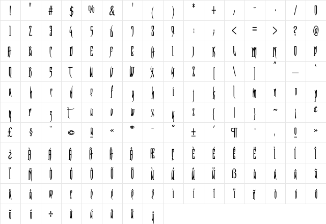 Retrench Regular  glyph index