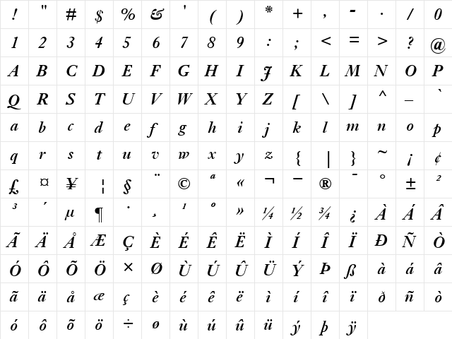 EhrhardtMT-SemiBold Semi BoldItalic  glyph index