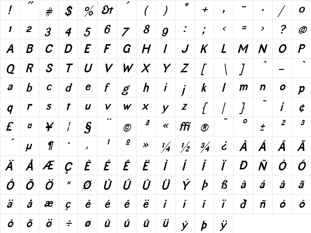 EquipoizeSans Bold Italic  glyph index