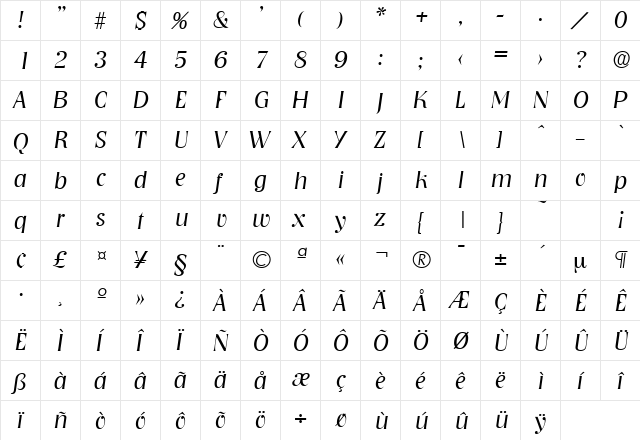 Nashville-Serial-Light RegularItalic  glyph index
