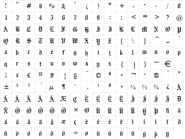 Engraved Normal  glyph index