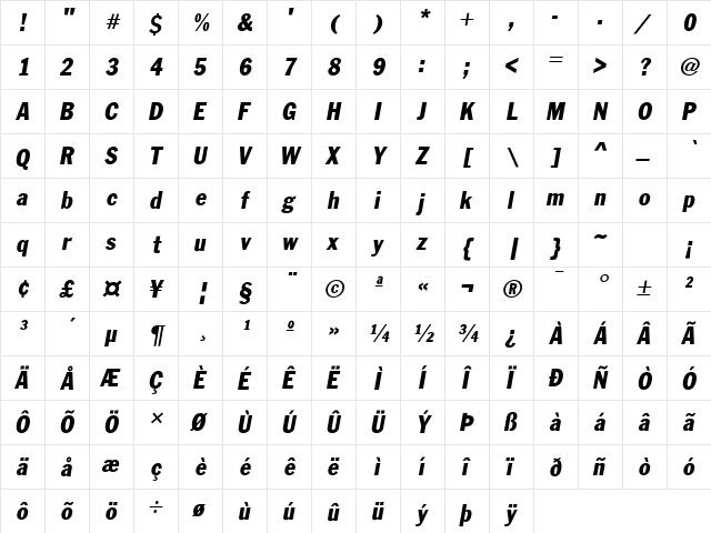 Franklin Cond. Gothic ITALIC  glyph index