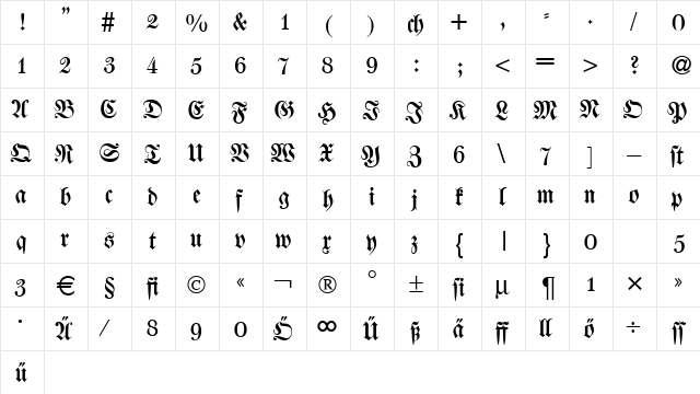 W650-Blackletter Regular  glyph index