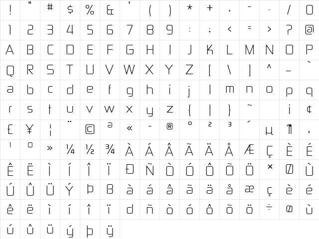 Zekton Lt Regular  glyph index