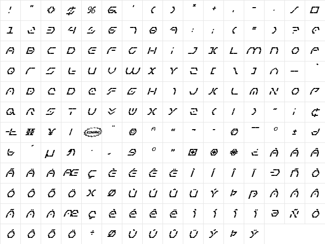 Zeta Sentry Bold Italic Bold Italic  glyph index