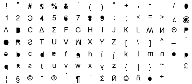 Nowa arial style Normalny  glyph index