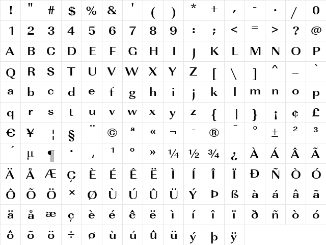 RicoBeckerExtended Bold  glyph index