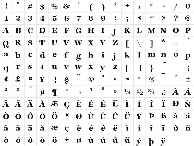 Dirty50 Becker Regular  glyph index