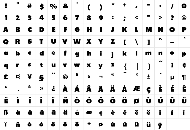 FlyerEF Bold  glyph index