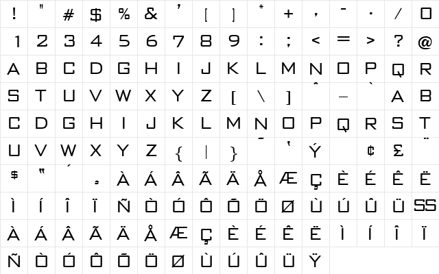 BankGothic Regular  glyph index