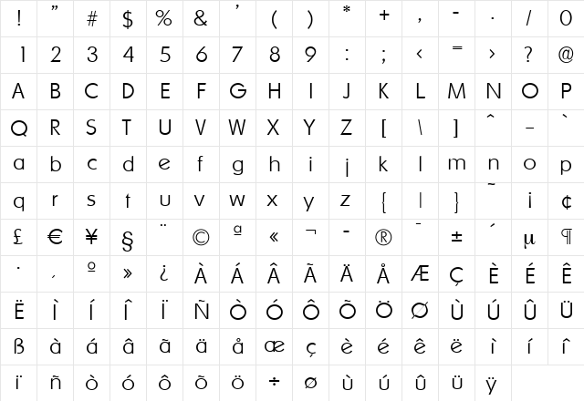 LiamBecker-ExtraLight Regular  glyph index