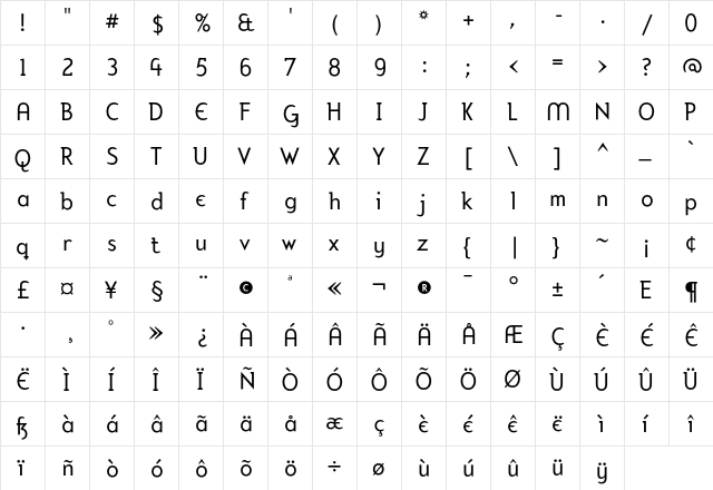 Mercury Alternative  glyph index