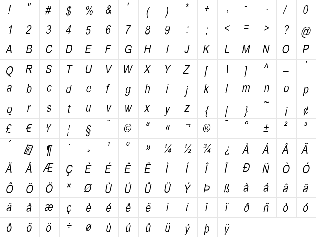 BabelSans Medium Italic  glyph index