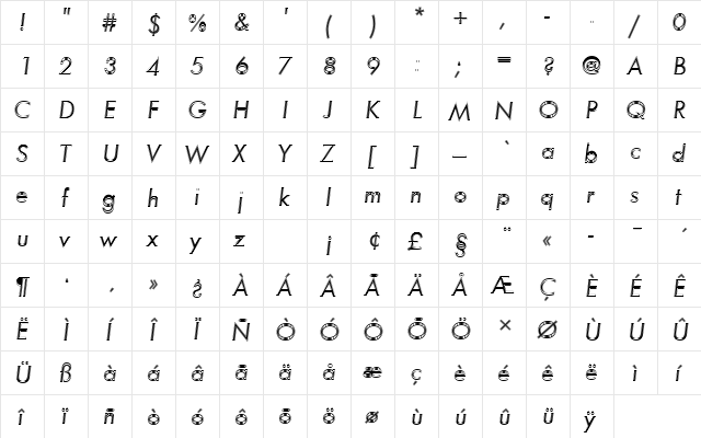 FuturaTBooOblIn1 Regular  glyph index