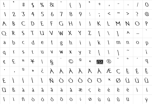AlbertaBackslantExtralight Regular  glyph index
