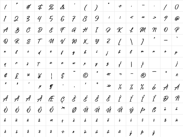 Rollanda Regular  glyph index