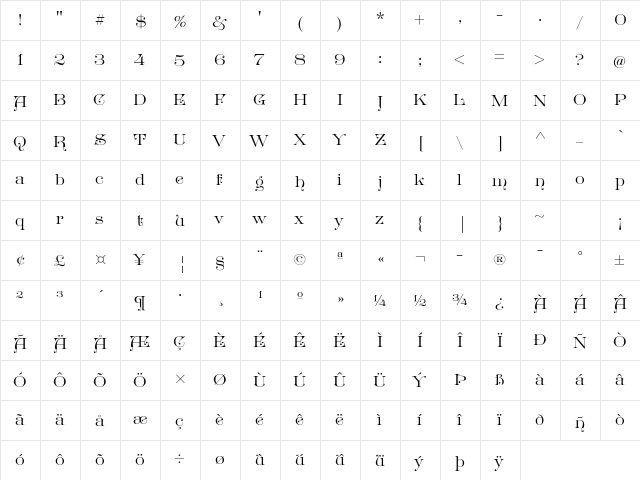 Great Victorian Standard Regular  glyph index