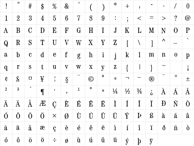 CenturyCondSSK Regular  glyph index