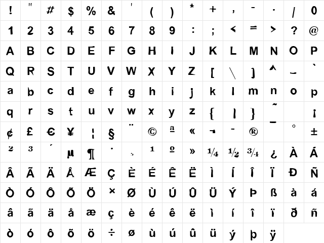 Dirty02 Bold  glyph index