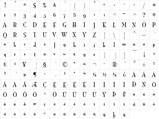 Mona Lisa Solid ITC OS Regular  glyph index