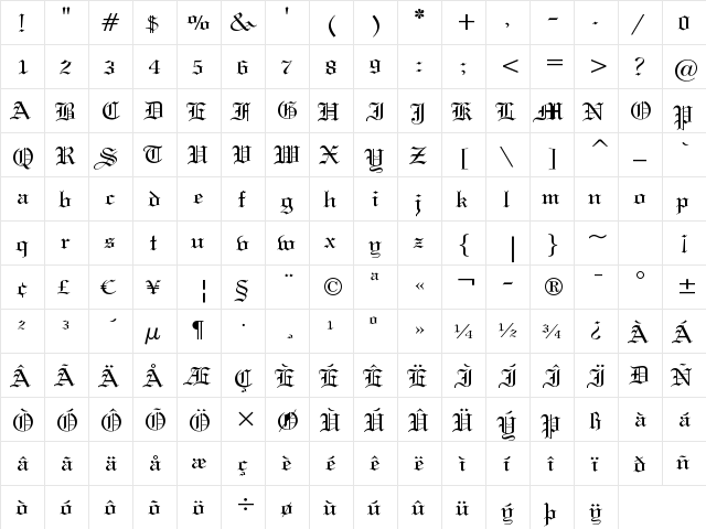 Holy Union Regular  glyph index