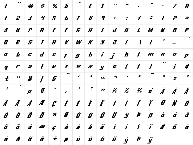 National Express Italic Italic  glyph index
