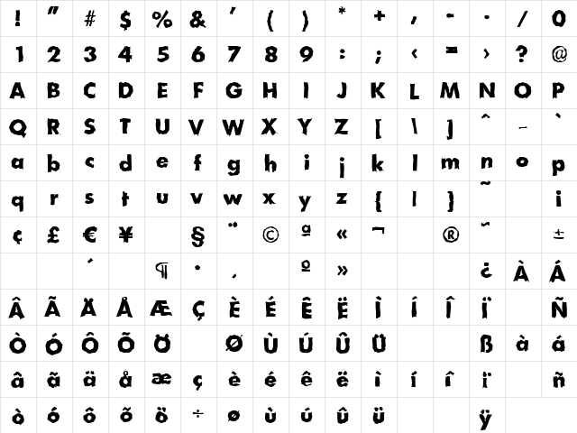 PeterBeckerRandom-ExtraBold Regular  glyph index