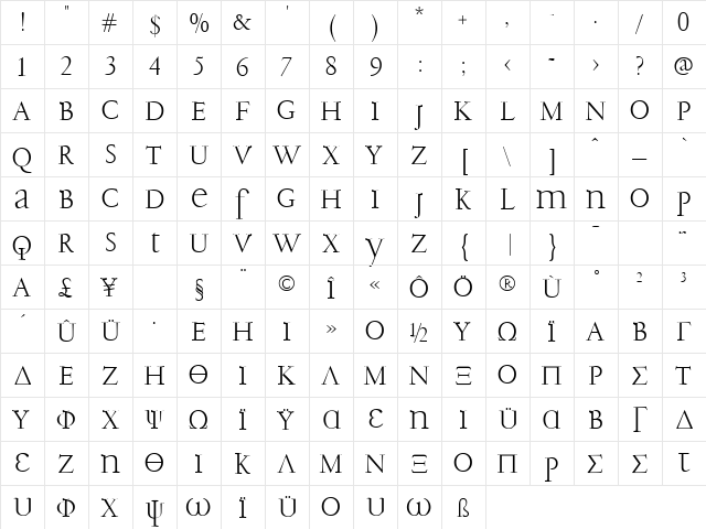 PFGaramond Classic Unicase Regular  glyph index