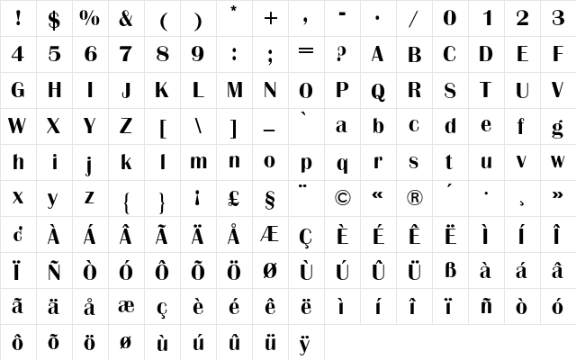 Britannic BQ Regular  glyph index