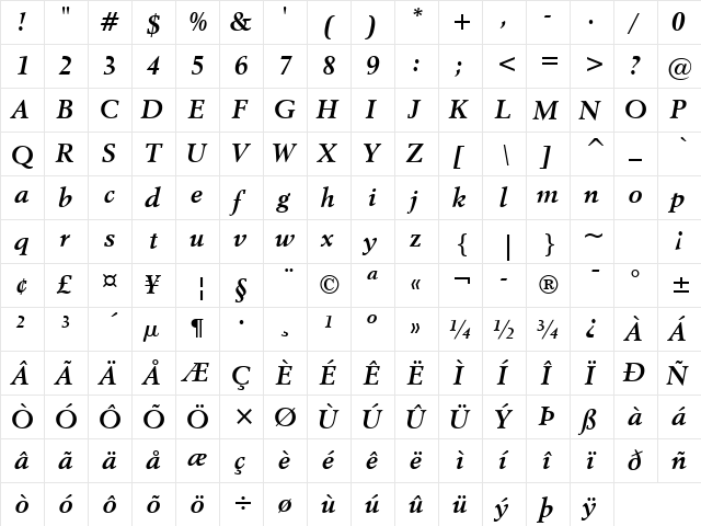 Revival565 BT Bold Italic  glyph index