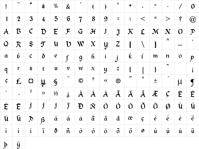 BD Springer Regular  glyph index