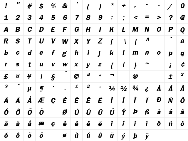 Moby Dick 13 Bold Italic  glyph index