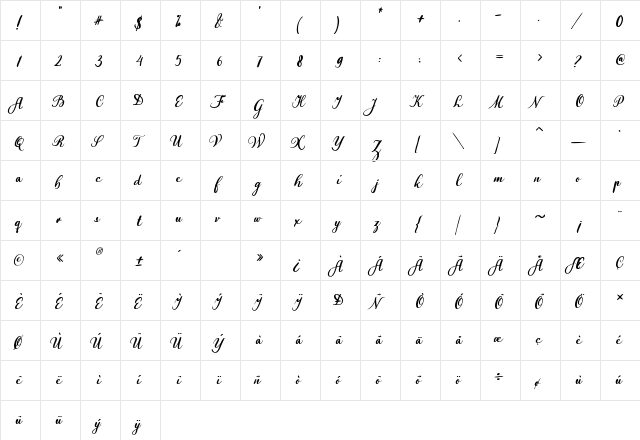 Valentina Walker Regular  glyph index