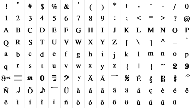 TempoFont bold Bold  glyph index