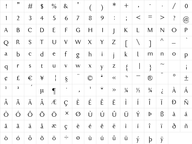 Gill New Antique Regular  glyph index