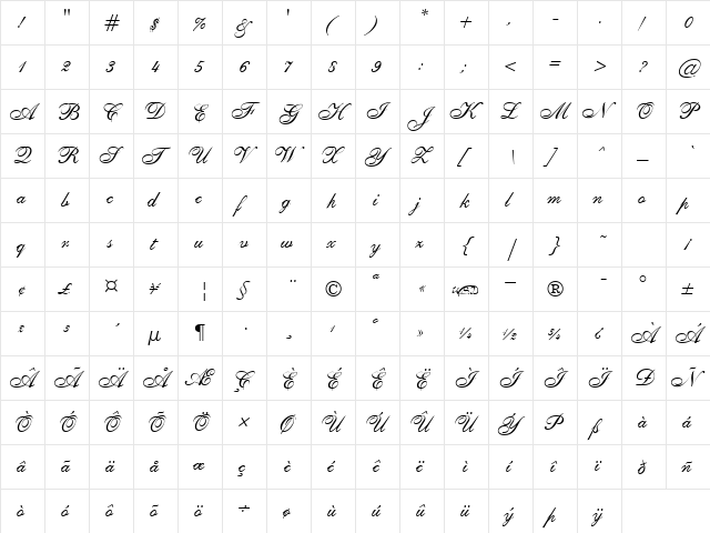 Sheer Elegance Regular  glyph index